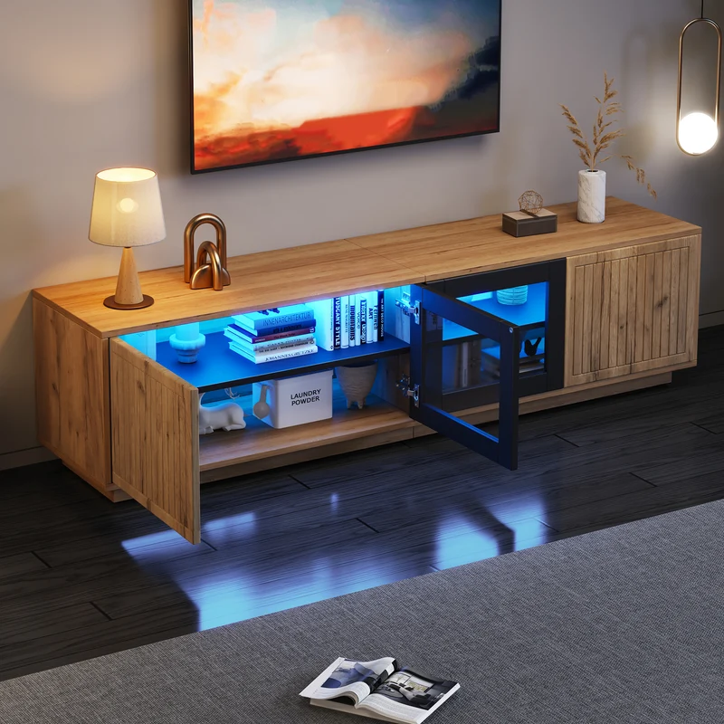Meuble TV effet bois naturel & noir et vitrine avec LED 4 portes MODERNSTOOLHOME