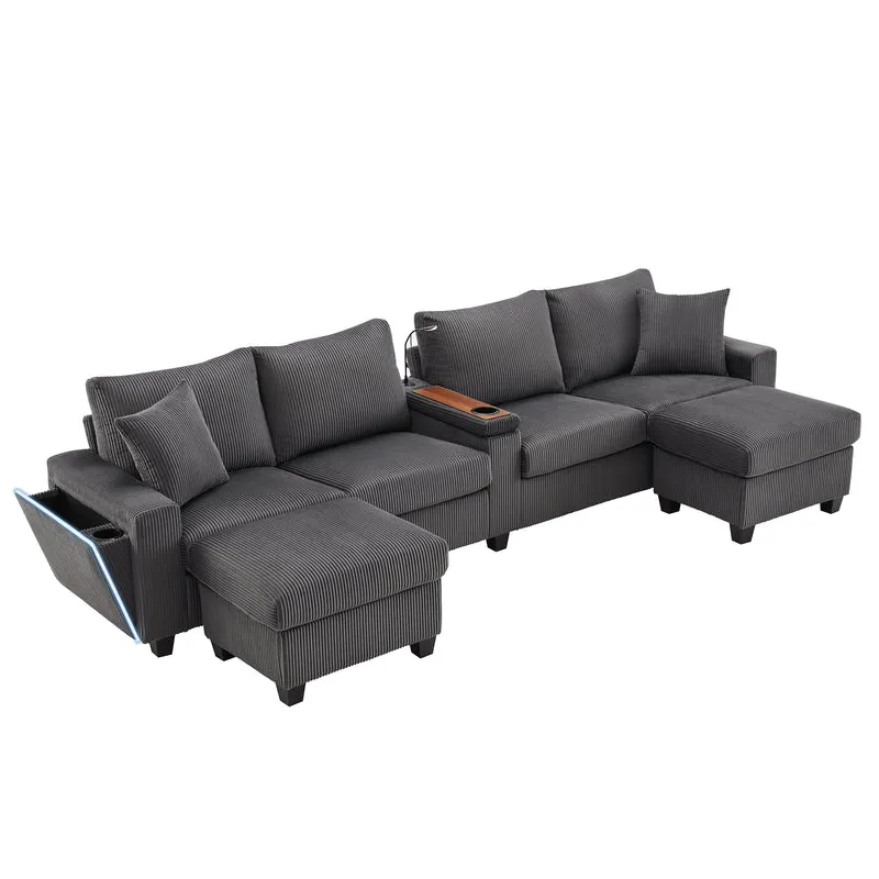 Canapé d'angle en U en velours côtelé gris avec 2 poufs coffres, lampe, ports USB/Type-C et LED 334x128,5x81cm FLAREONYX