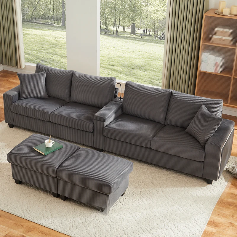 Canapé d'angle en U en velours côtelé gris avec 2 poufs coffres, lampe, ports USB/Type-C et LED 334x128,5x81cm FLAREONYX