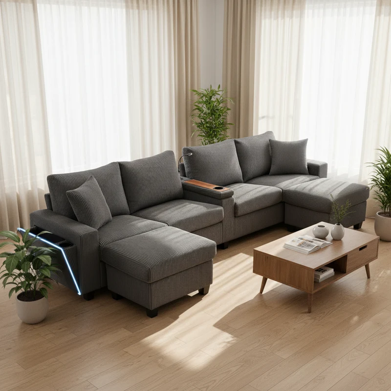Canapé d'angle en U en velours côtelé gris avec 2 poufs coffres, lampe, ports USB/Type-C et LED 334x128,5x81cm FLAREONYX