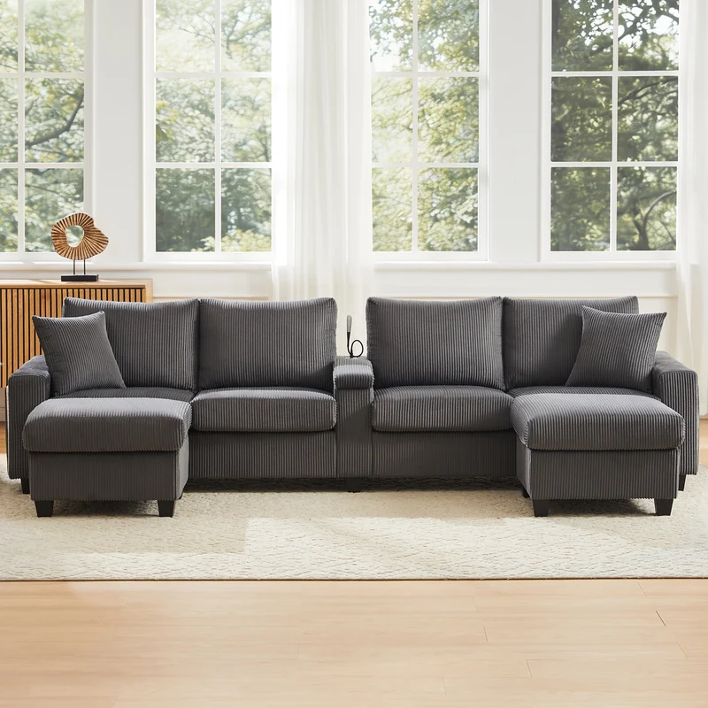 Canapé d'angle en U en velours côtelé gris avec 2 poufs coffres, lampe, ports USB/Type-C et LED 334x128,5x81cm FLAREONYX
