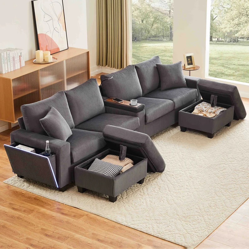 Canapé d'angle en U en velours côtelé gris avec 2 poufs coffres, lampe, ports USB/Type-C et LED 334x128,5x81cm FLAREONYX