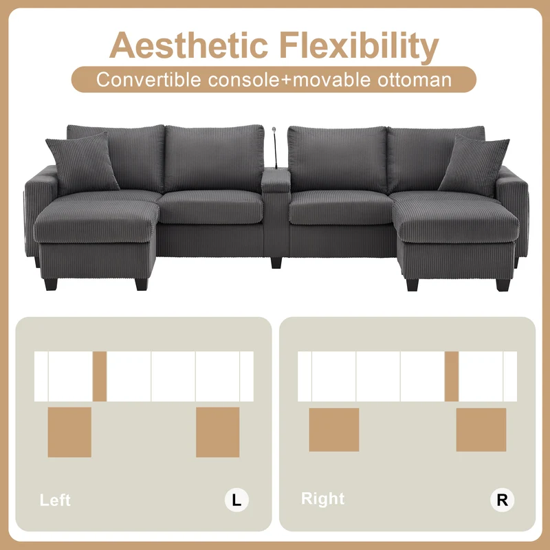 Canapé d'angle en U en velours côtelé gris avec 2 poufs coffres, lampe, ports USB/Type-C et LED 334x128,5x81cm FLAREONYX