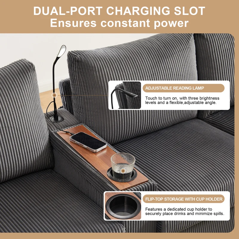 Canapé d'angle en U en velours côtelé gris avec 2 poufs coffres, lampe, ports USB/Type-C et LED 334x128,5x81cm FLAREONYX