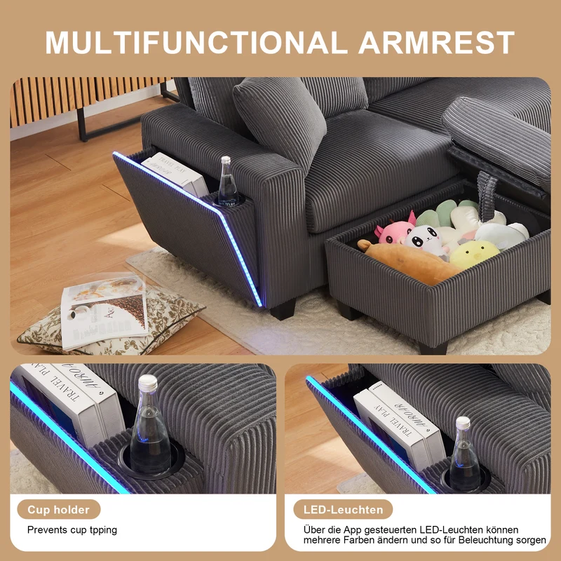 Canapé d'angle en U en velours côtelé gris avec 2 poufs coffres, lampe, ports USB/Type-C et LED 334x128,5x81cm FLAREONYX