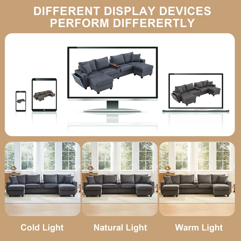 Canapé d'angle en U en velours côtelé gris avec 2 poufs coffres, lampe, ports USB/Type-C et LED 334x128,5x81cm FLAREONYX