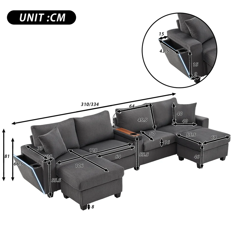 Canapé d'angle en U en velours côtelé gris avec 2 poufs coffres, lampe, ports USB/Type-C et LED 334x128,5x81cm FLAREONYX