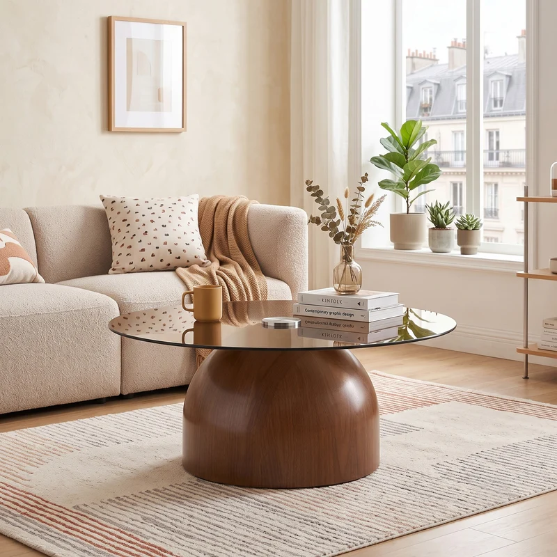 Table basse ronde Ø70cm verre trempé teinté & pied noyer MINIMALISTFLOORHOME