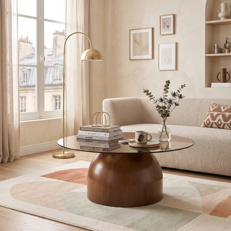 Table basse ronde Ø70cm verre trempé teinté & pied noyer MINIMALISTFLOORHOME