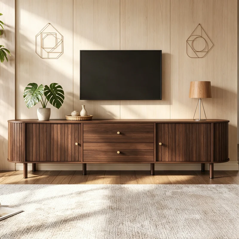 Meuble TV ovale effet noyer, avec portes coulissantes et 2 tiroirs 180x40x58cm MODERNCORNERSET