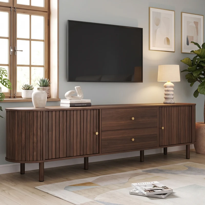 Meuble TV ovale effet noyer, avec portes coulissantes et 2 tiroirs 180x40x58cm MODERNCORNERSET