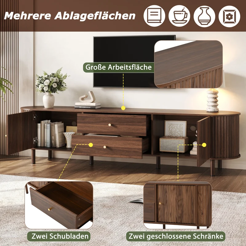 Meuble TV ovale effet noyer, avec portes coulissantes et 2 tiroirs 180x40x58cm MODERNCORNERSET