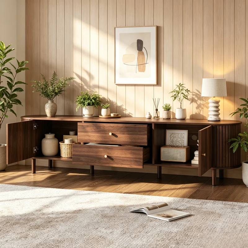 Meuble TV ovale effet noyer, avec portes coulissantes et 2 tiroirs 180x40x58cm MODERNCORNERSET