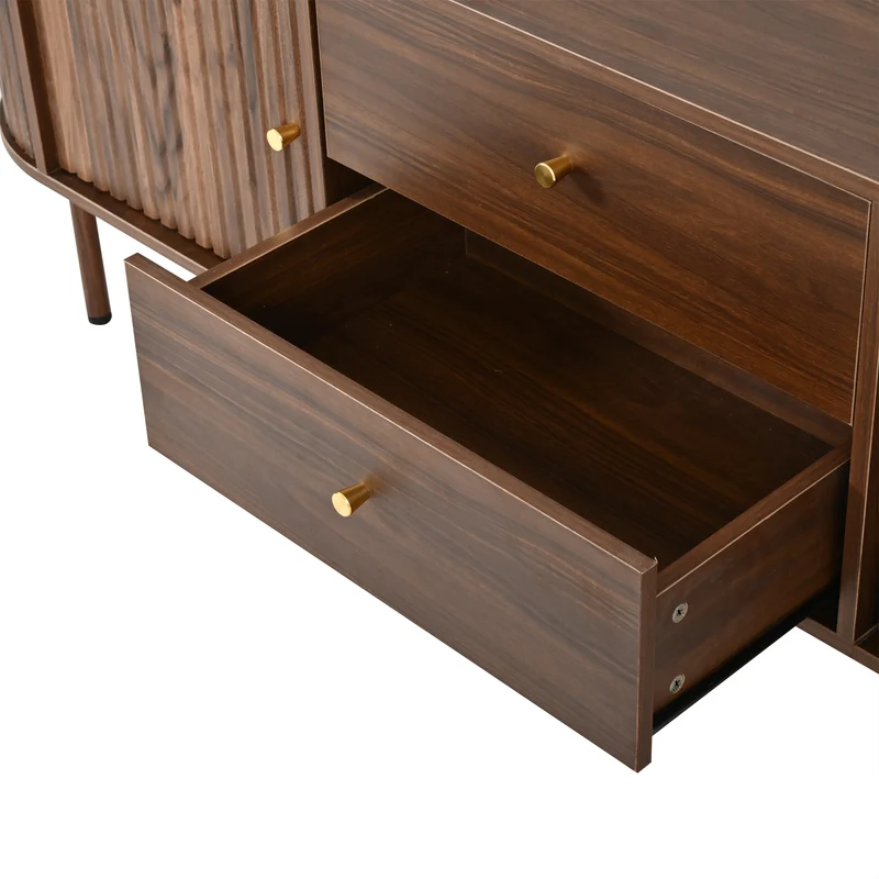 Meuble TV ovale effet noyer, avec portes coulissantes et 2 tiroirs 180x40x58cm MODERNCORNERSET