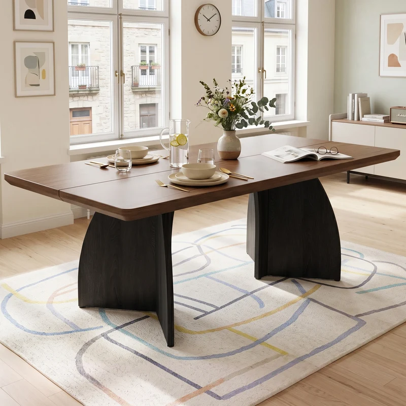 Table à manger moderne effet noyer, plateau épais de 4 cm et pieds sculpturaux 160x80 cm MODERNIRONSTYLE