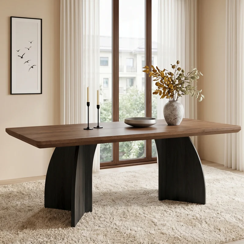 Table à manger moderne effet noyer, plateau épais de 4 cm et pieds sculpturaux 160x80 cm MODERNIRONSTYLE