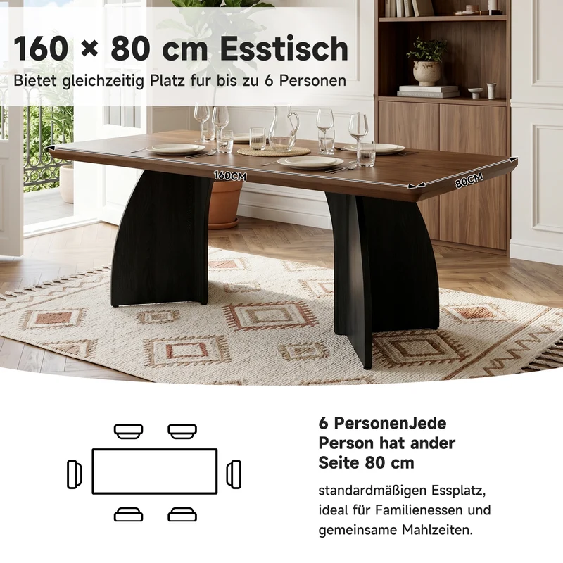 Table à manger moderne effet noyer, plateau épais de 4 cm et pieds sculpturaux 160x80 cm MODERNIRONSTYLE