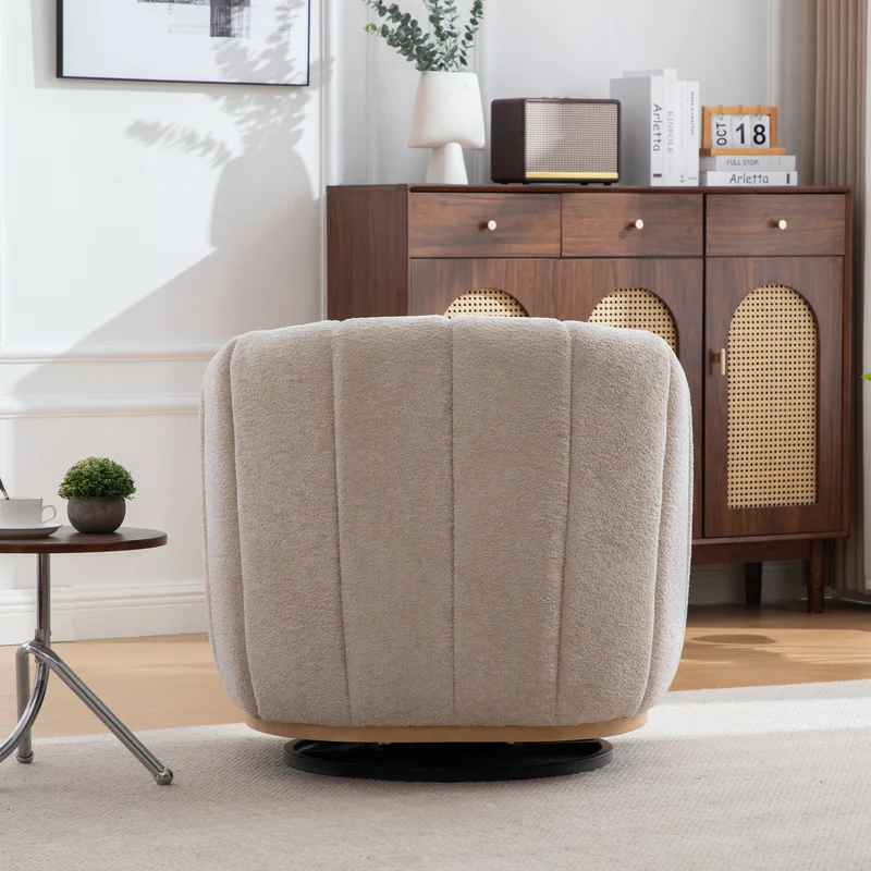 Fauteuil pivotant 360° en chenille beige, design citrouille, pied métal MODERNPANELHOME