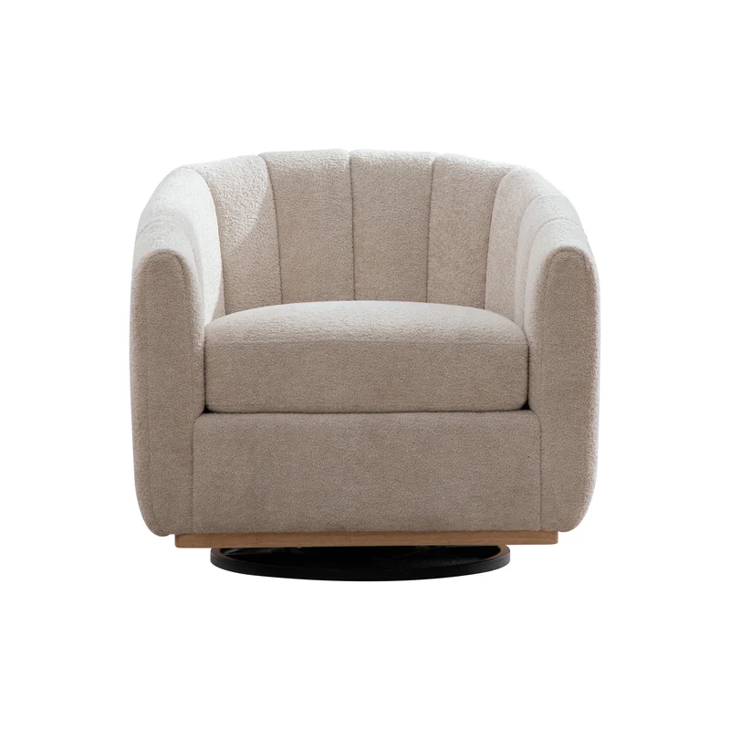 Fauteuil pivotant 360° en chenille beige, design citrouille, pied métal MODERNPANELHOME