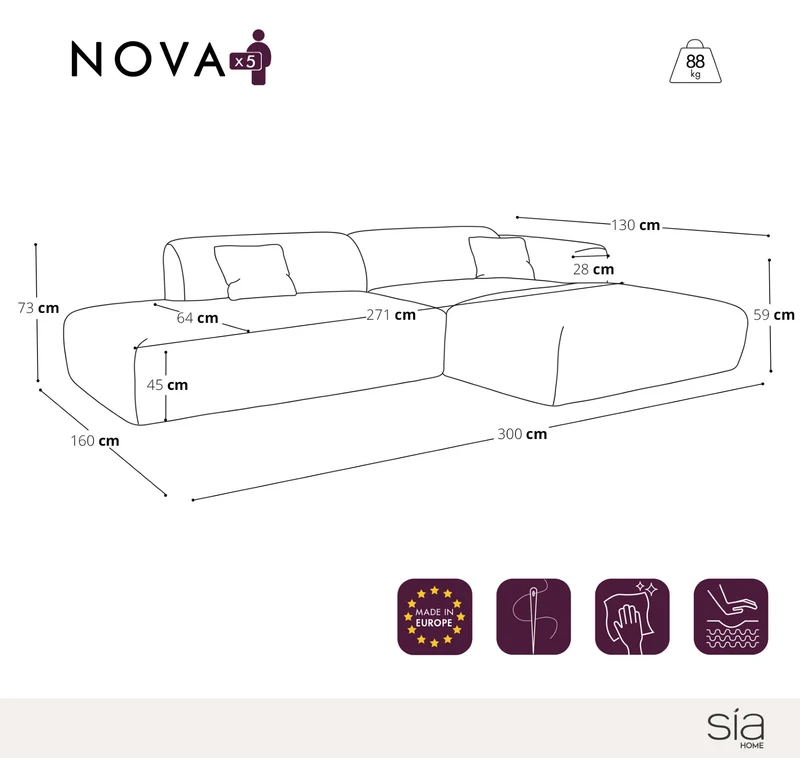 Canapé angle droit ouvert NOVA velours à motifs