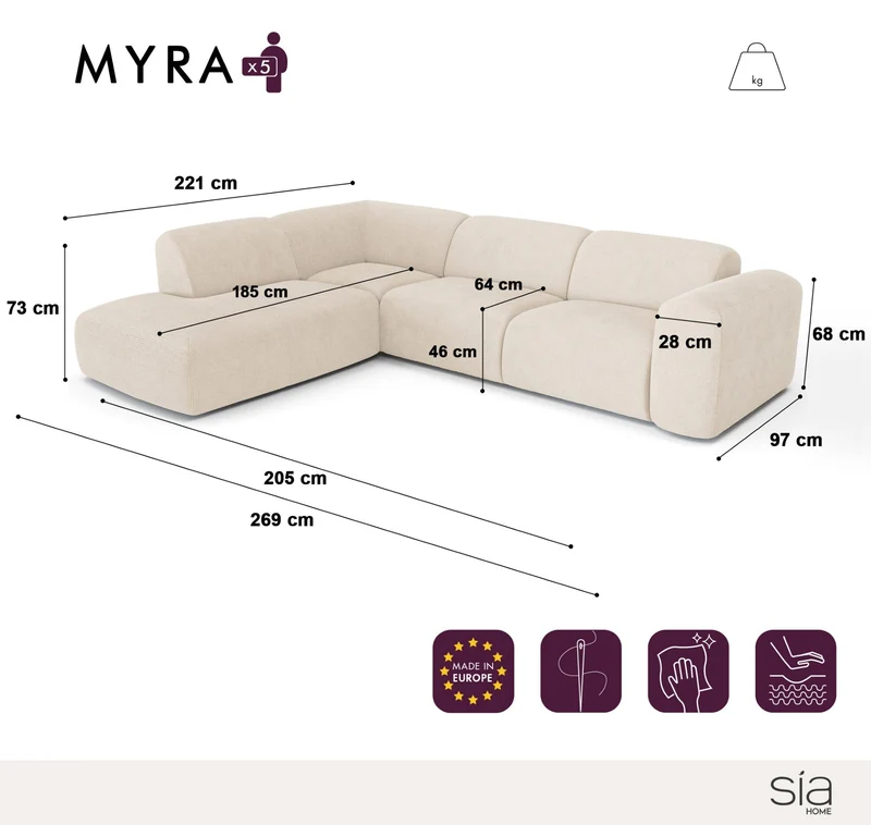 Canapé grand angle gauche avec dossier sur la méridienne MYRA Velours à motifs