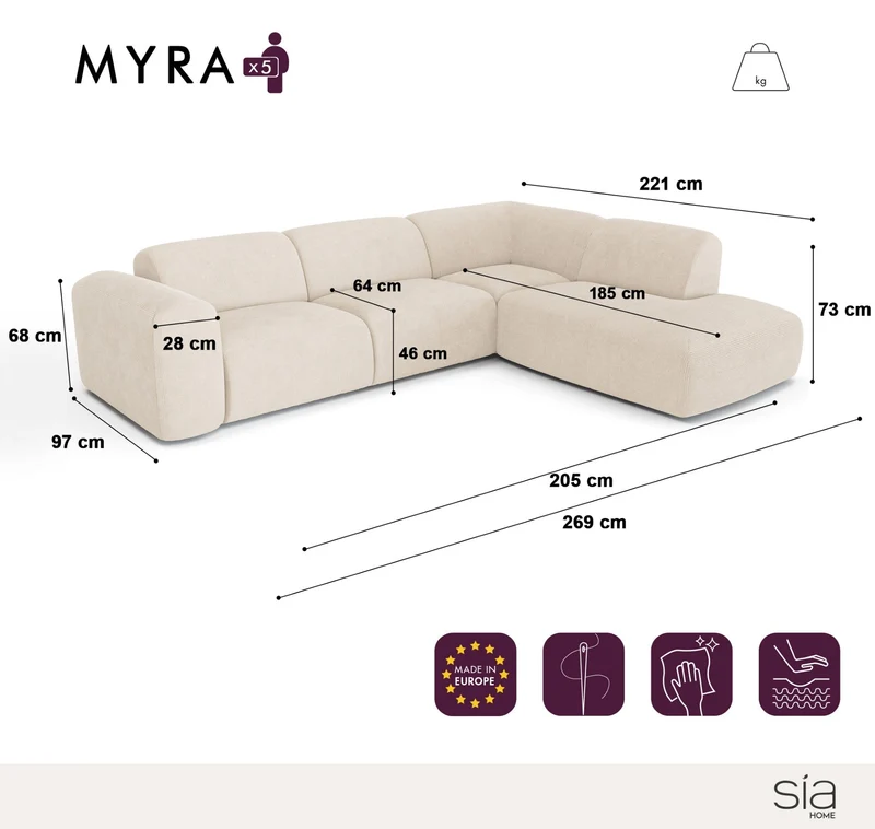 Canapé grand angle droit avec dossier sur la méridienne MYRA Velours à motifs