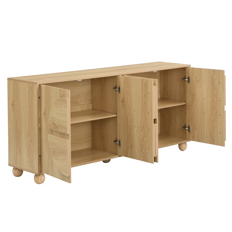 Buffet effet bois naturel à 4 portes, relief circulaire et étagères réglables 160cm RUSTICTRAYSET