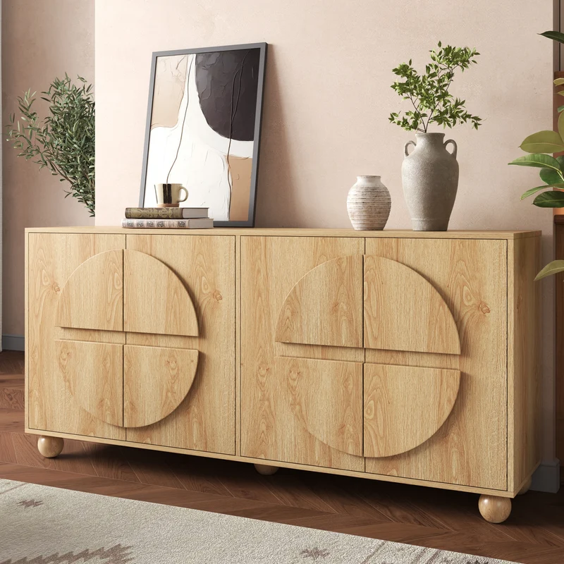 Buffet effet bois naturel à 4 portes, relief circulaire et étagères réglables 160cm RUSTICTRAYSET