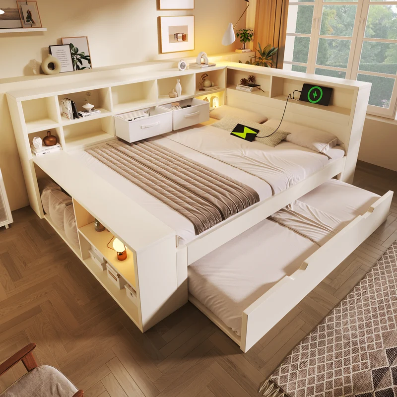 Lit gigogne 140x200cm blanc avec rangement et USB SCANDINAVIANFLOOR
