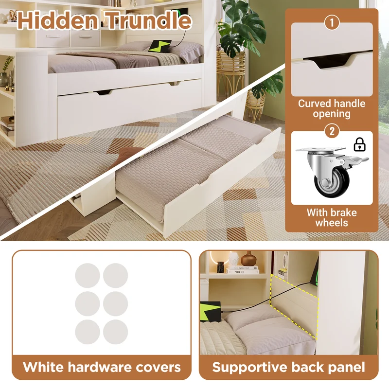 Lit gigogne 140x200cm blanc avec rangement et USB SCANDINAVIANFLOOR