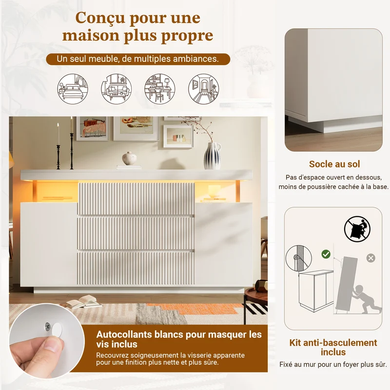 Buffet blanc chic façade rainurée 6 tiroirs 2 portes avec LED 150 cm SCANDINAVIANBIRCHONE