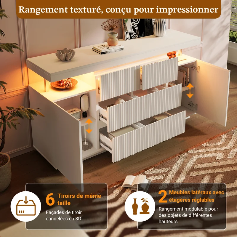 Buffet blanc chic façade rainurée 6 tiroirs 2 portes avec LED 150 cm SCANDINAVIANBIRCHONE