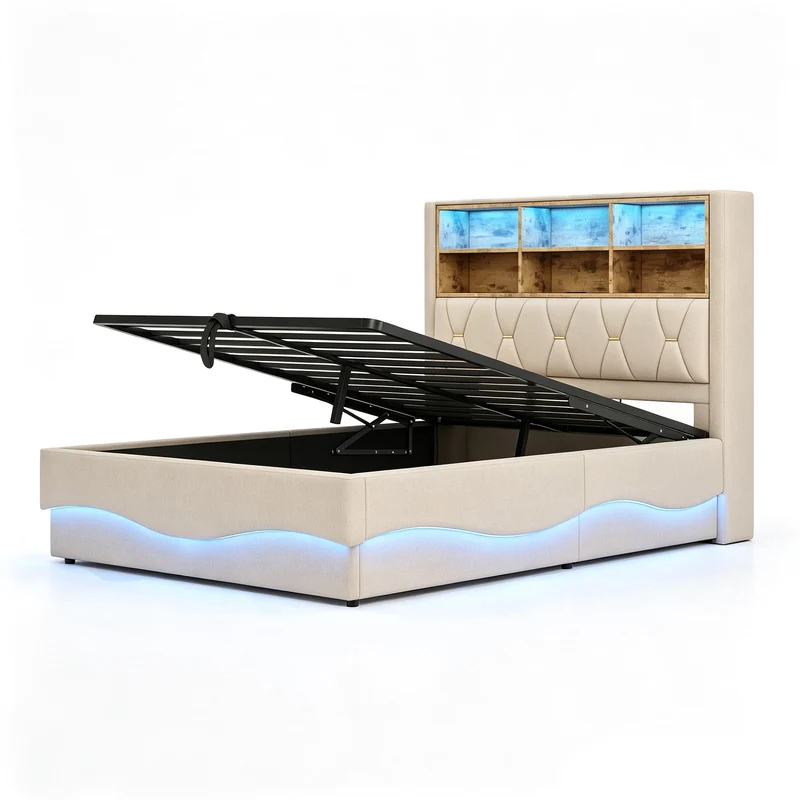Lit coffre 140x200cm beige en lin avec LED, USB et sommier métal RUSTICPLUS