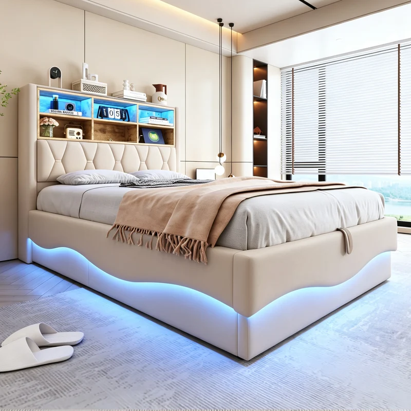 Lit coffre 140x200cm beige en lin avec LED, USB et sommier métal RUSTICPLUS