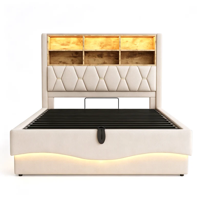 Lit coffre 140x200cm beige en lin avec LED, USB et sommier métal RUSTICPLUS
