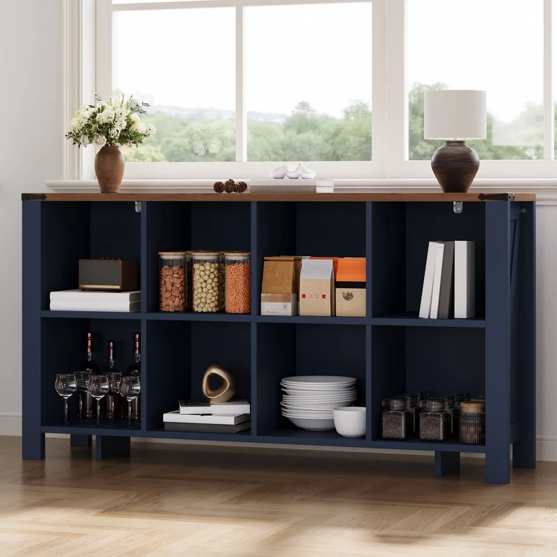 Buffet de rangement 8 compartiments ouverts avec plateau finition bois 140cm RUSTICLEATHERELITE