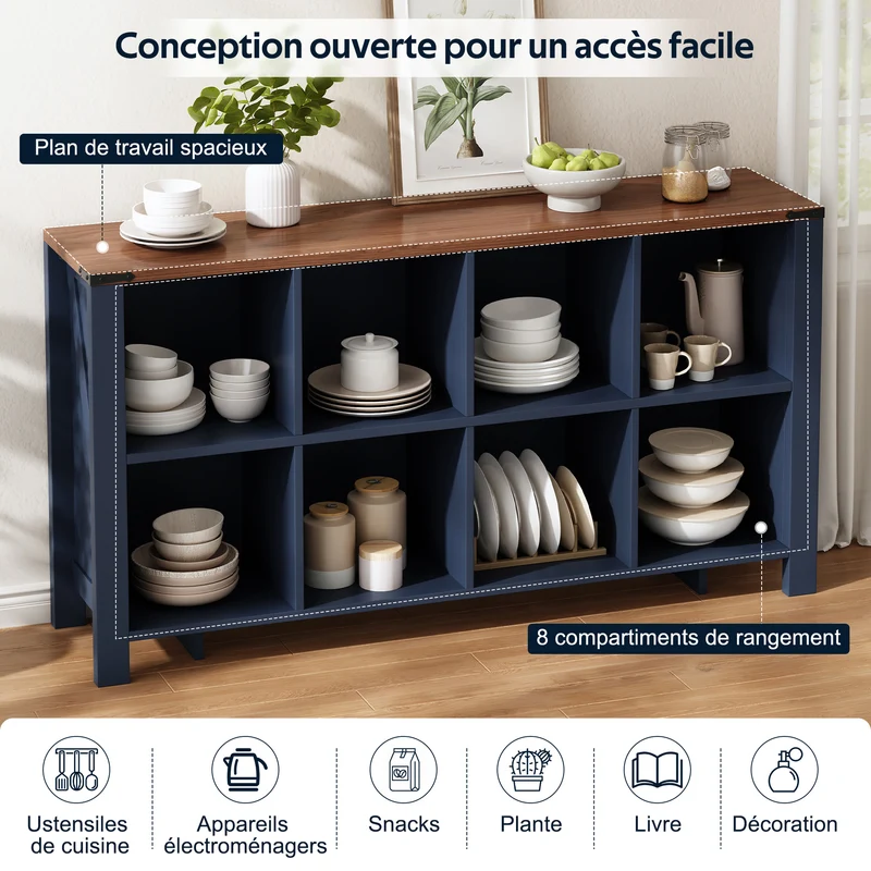Buffet de rangement 8 compartiments ouverts avec plateau finition bois 140cm RUSTICLEATHERELITE