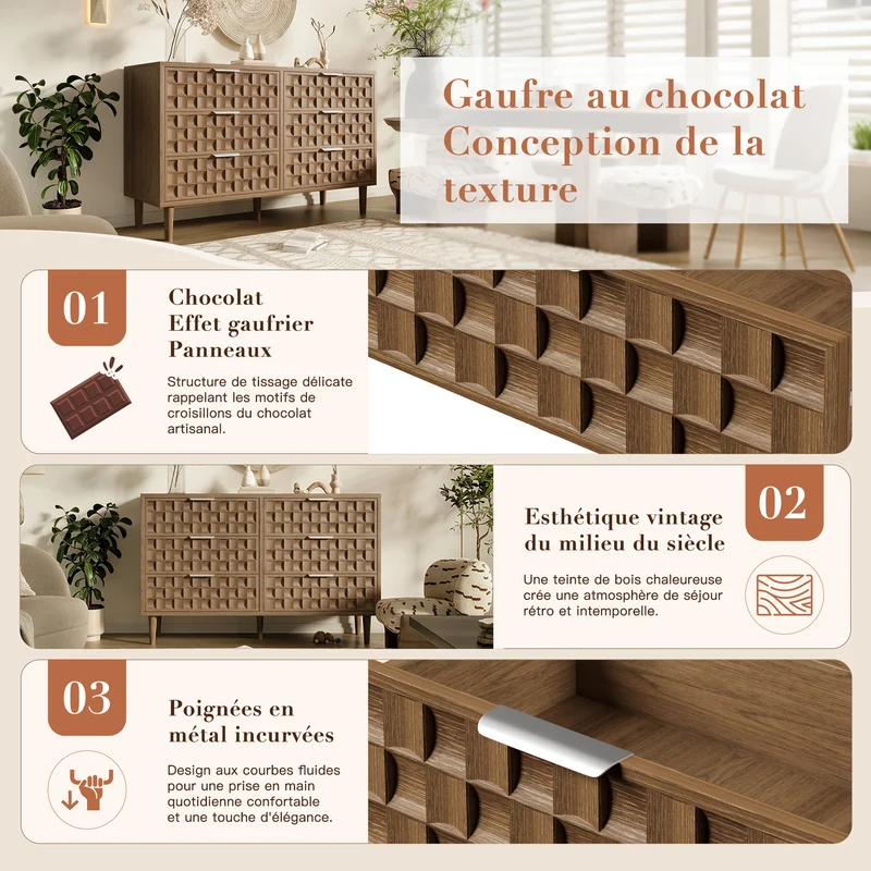 Buffet effet chêne motif damier en relief, 6 tiroirs, style mid-century 120cm RUSTICWALLART