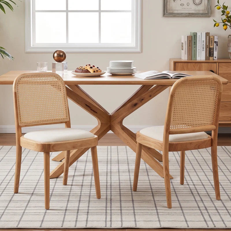 Lot de 2 chaises de salle à manger en bois, cannage et lin beige RUSTICELITE