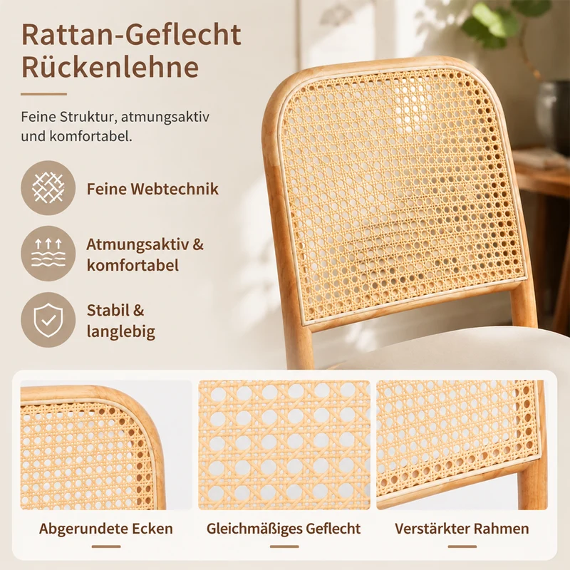 Lot de 2 chaises de salle à manger en bois, cannage et lin beige RUSTICELITE