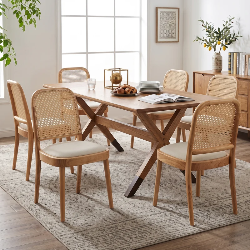 Lot de 2 chaises de salle à manger en bois, cannage et lin beige RUSTICELITE