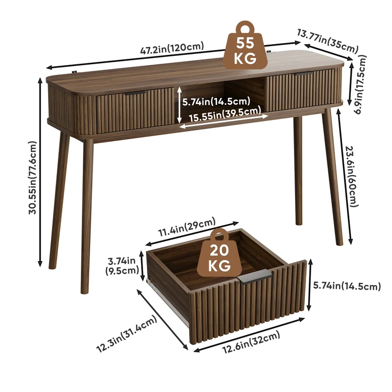 Console effet bois noyer a latte, style vintage avec tiroirs poignées métalliques noirs RUSTICSTONEONE
