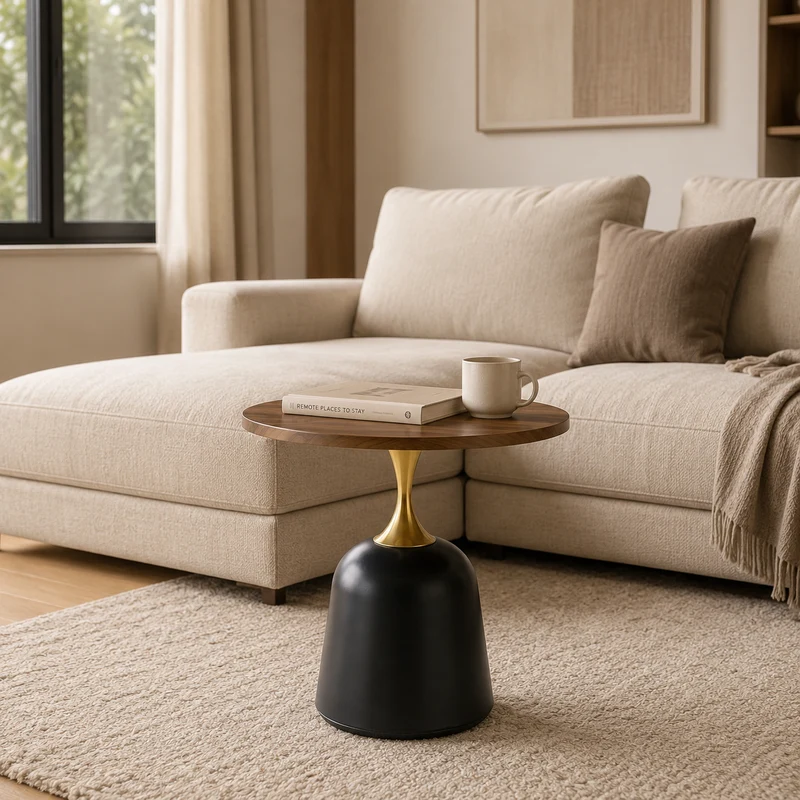 Table d’appoint ronde effet noyer, métal noir et doré, style nordique chic 60cm RUSTICWARDROBEHOME