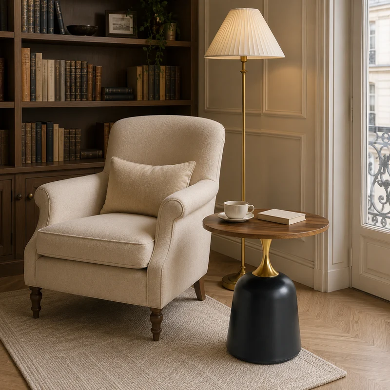 Table d’appoint ronde effet noyer, métal noir et doré, style nordique chic 60cm RUSTICWARDROBEHOME