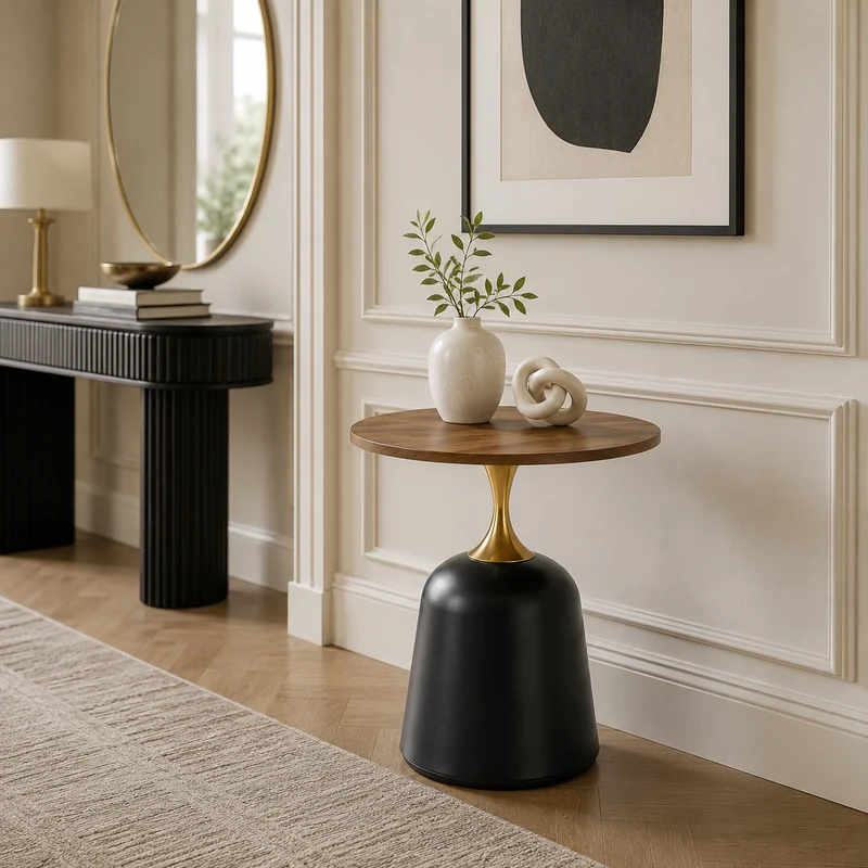 Table d’appoint ronde effet noyer, métal noir et doré, style nordique chic 60cm RUSTICWARDROBEHOME