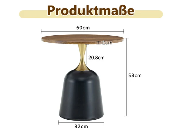 Table d’appoint ronde effet noyer, métal noir et doré, style nordique chic 60cm RUSTICWARDROBEHOME