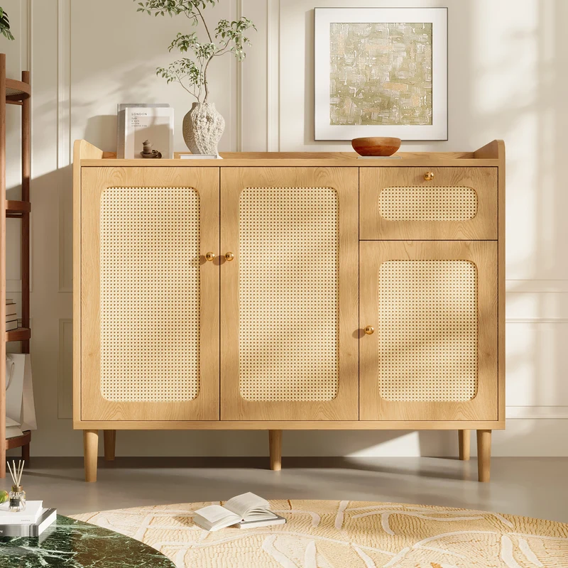 Buffet effet chêne avec cannage 3 portes 1 tiroir 120x40x91cm RUSTICWALLHOME