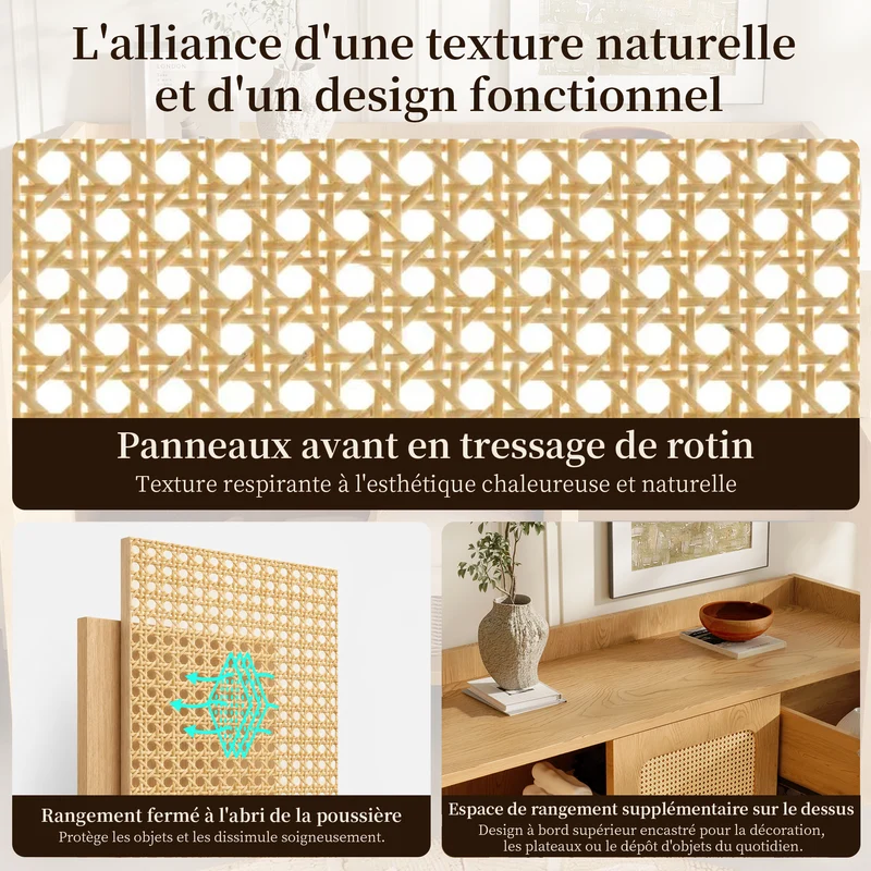 Buffet effet chêne avec cannage 3 portes 1 tiroir 120x40x91cm RUSTICWALLHOME
