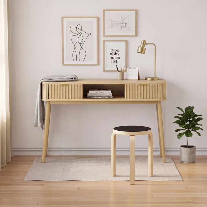 Console effet chêne et à latte avec tiroirs, poignées métalliques dorées 120x35cm RUSTICRUGSET