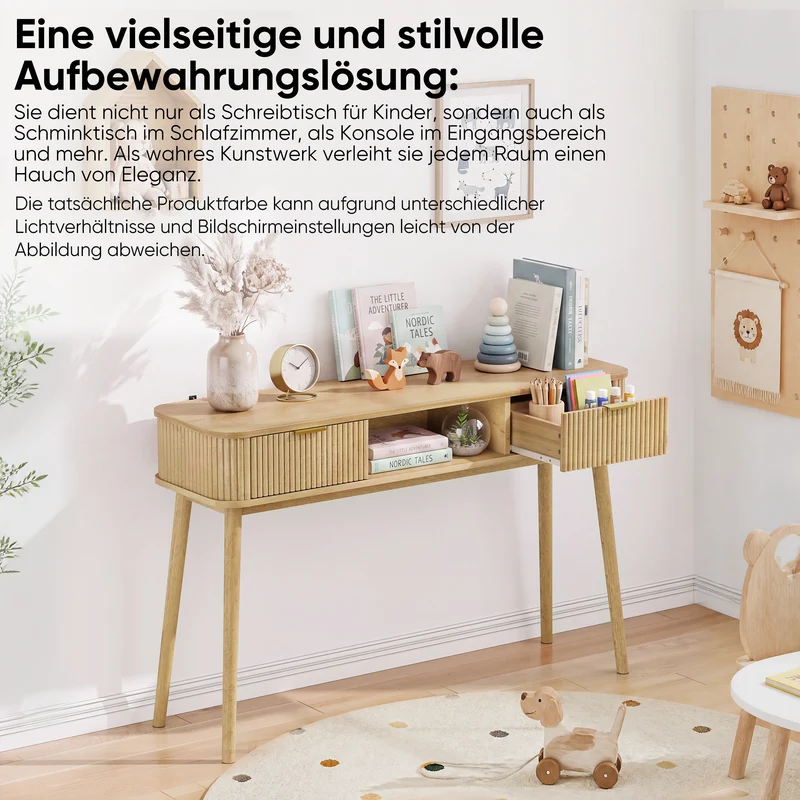Console effet chêne et à latte avec tiroirs, poignées métalliques dorées 120x35cm RUSTICRUGSET